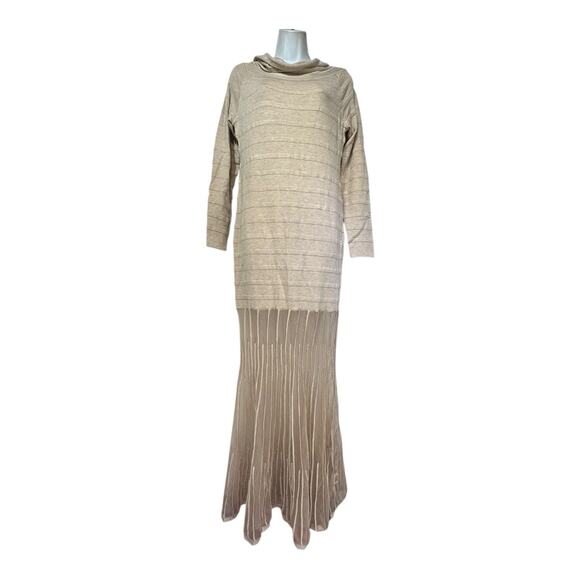 anewsta long sleeve beige maxi sweater dress sheer bottom cowl neck Size L - Picture 1 of 6